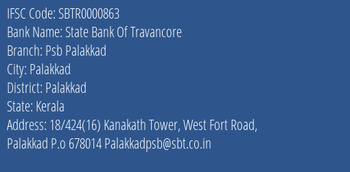 State Bank Of Travancore Psb Palakkad Branch, Branch Code 000863 & IFSC Code SBTR0000863