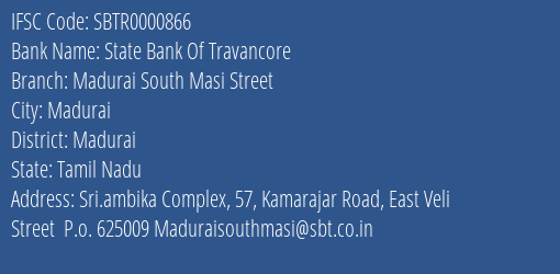 State Bank Of Travancore Madurai South Masi Street Branch IFSC Code