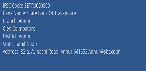 State Bank Of Travancore Annur Branch Annur IFSC Code SBTR0000890
