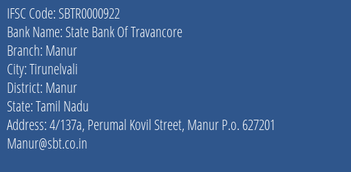 State Bank Of Travancore Manur Branch Manur IFSC Code SBTR0000922