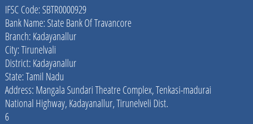 State Bank Of Travancore Kadayanallur Branch Kadayanallur IFSC Code SBTR0000929