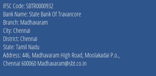 State Bank Of Travancore Madhavaram Branch Chennai IFSC Code SBTR0000932