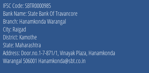 State Bank Of Travancore Hanamkonda Warangal Branch Kamothe IFSC Code SBTR0000985