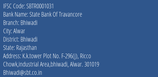 State Bank Of Travancore Bhiwadi Branch, Branch Code 001031 & IFSC Code SBTR0001031