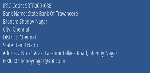 State Bank Of Travancore Shenoy Nagar Branch Chennai IFSC Code SBTR0001036