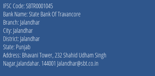 State Bank Of Travancore Jalandhar Branch, Branch Code 001045 & IFSC Code SBTR0001045