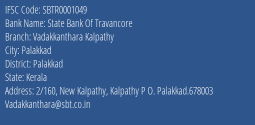 State Bank Of Travancore Vadakkanthara Kalpathy Branch IFSC Code