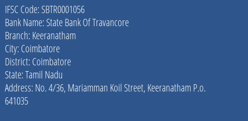 State Bank Of Travancore Keeranatham Branch Coimbatore IFSC Code SBTR0001056