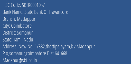 State Bank Of Travancore Madappur Branch Somanur IFSC Code SBTR0001057