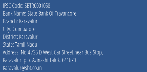 State Bank Of Travancore Karavalur Branch Karavalur IFSC Code SBTR0001058