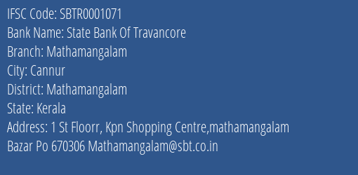State Bank Of Travancore Mathamangalam Branch Mathamangalam IFSC Code SBTR0001071
