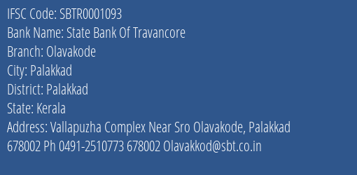 State Bank Of Travancore Olavakode Branch, Branch Code 001093 & IFSC Code SBTR0001093