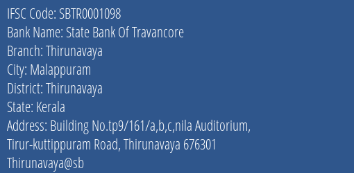 State Bank Of Travancore Thirunavaya Branch Thirunavaya IFSC Code SBTR0001098