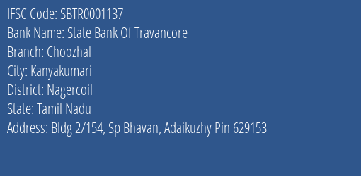 State Bank Of Travancore Choozhal Branch Nagercoil IFSC Code SBTR0001137