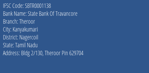 State Bank Of Travancore Theroor Branch Nagercoil IFSC Code SBTR0001138