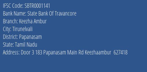 State Bank Of Travancore Keezha Ambur Branch Papanasam IFSC Code SBTR0001141