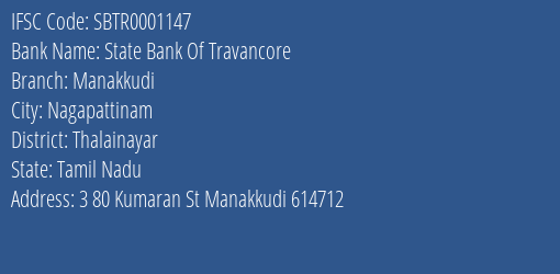 State Bank Of Travancore Manakkudi Branch Thalainayar IFSC Code SBTR0001147