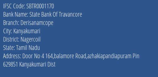 State Bank Of Travancore Derisanamcope Branch Nagercoil IFSC Code SBTR0001170