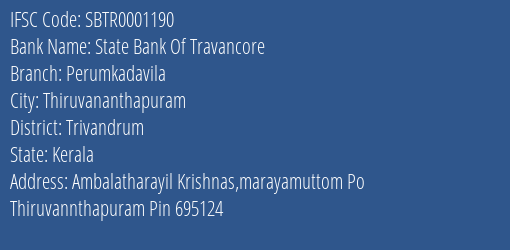 State Bank Of Travancore Perumkadavila Branch, Branch Code 001190 & IFSC Code SBTR0001190