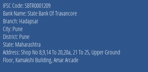 State Bank Of Travancore Hadapsar Branch Pune IFSC Code SBTR0001209