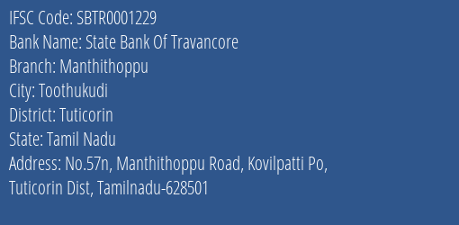 State Bank Of Travancore Manthithoppu Branch Tuticorin IFSC Code SBTR0001229