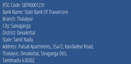 State Bank Of Travancore Thalaiyur Branch Devakottai IFSC Code SBTR0001231