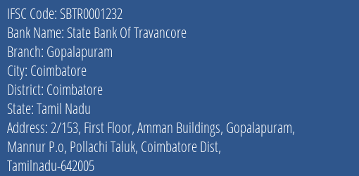 State Bank Of Travancore Gopalapuram Branch Coimbatore IFSC Code SBTR0001232