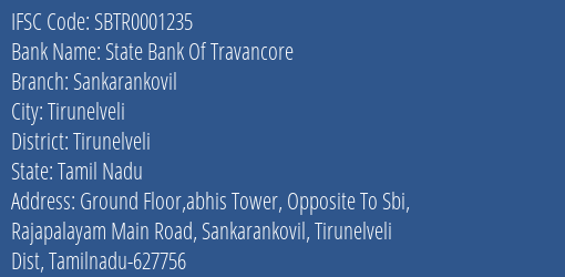 State Bank Of Travancore Sankarankovil Branch Tirunelveli IFSC Code SBTR0001235