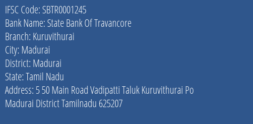 State Bank Of Travancore Kuruvithurai Branch, Branch Code 001245 & IFSC Code SBTR0001245