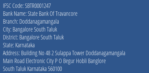 State Bank Of Travancore Doddanagamangala Branch, Branch Code 001247 & IFSC Code SBTR0001247