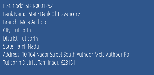 State Bank Of Travancore Mela Authoor Branch Tuticorin IFSC Code SBTR0001252