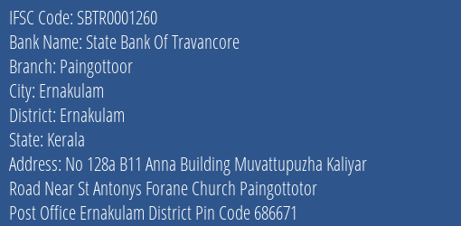 State Bank Of Travancore Paingottoor Branch, Branch Code 001260 & IFSC Code SBTR0001260