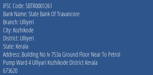 State Bank Of Travancore Ulliyeri Branch, Branch Code 001261 & IFSC Code SBTR0001261