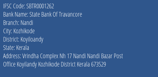 State Bank Of Travancore Nandi Branch, Branch Code 001262 & IFSC Code SBTR0001262