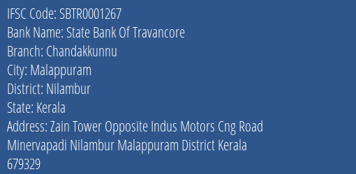 State Bank Of Travancore Chandakkunnu Branch, Branch Code 001267 & IFSC Code SBTR0001267
