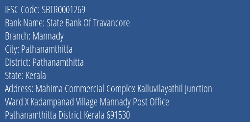 State Bank Of Travancore Mannady Branch, Branch Code 001269 & IFSC Code SBTR0001269