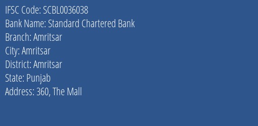 Standard Chartered Bank Amritsar Branch, Branch Code 036038 & IFSC Code SCBL0036038
