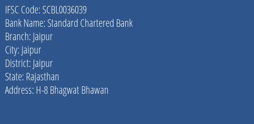 Standard Chartered Bank Jaipur Branch, Branch Code 036039 & IFSC Code SCBL0036039