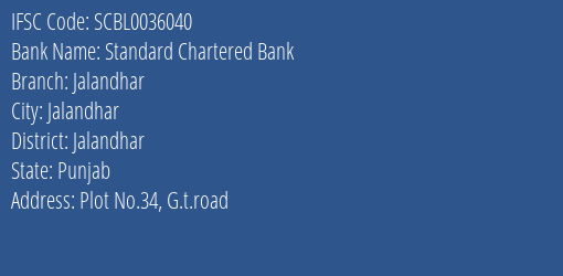 Standard Chartered Bank Jalandhar Branch, Branch Code 036040 & IFSC Code SCBL0036040