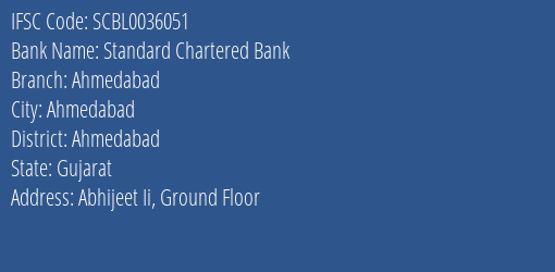 Standard Chartered Bank Ahmedabad Branch, Branch Code 036051 & IFSC Code SCBL0036051