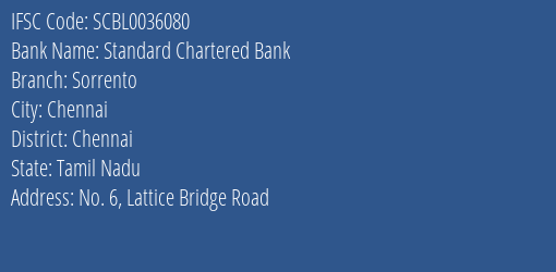 Standard Chartered Bank Sorrento Branch Chennai IFSC Code SCBL0036080
