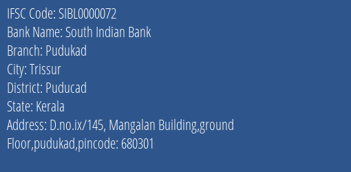 South Indian Bank Pudukad Branch Puducad IFSC Code SIBL0000072