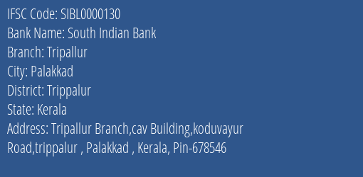 South Indian Bank Tripallur Branch Trippalur IFSC Code SIBL0000130