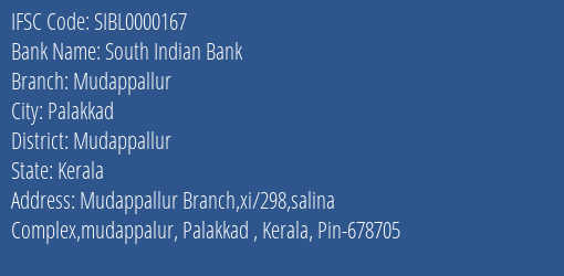 South Indian Bank Mudappallur Branch Mudappallur IFSC Code SIBL0000167