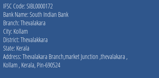 South Indian Bank Thevalakara Branch Thevalakkara IFSC Code SIBL0000172