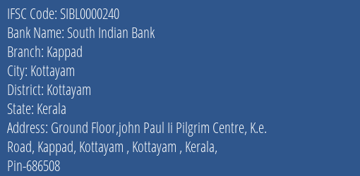 South Indian Bank Kappad Branch IFSC Code
