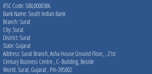 South Indian Bank Surat Branch, Branch Code 000306 & IFSC Code SIBL0000306