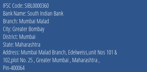 South Indian Bank Mumbai Malad Branch IFSC Code