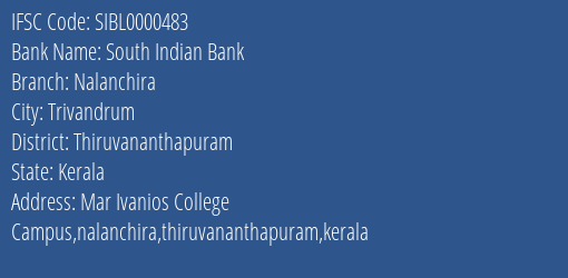 South Indian Bank Nalanchira Branch Thiruvananthapuram IFSC Code SIBL0000483