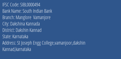 South Indian Bank Manglore Vamanjore Branch Dakshin Kannad IFSC Code SIBL0000494